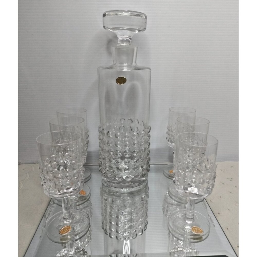 Crystal Decanter & 6 Glasses Whiskey Bourbon Crystal Poland Original Sticker MCM